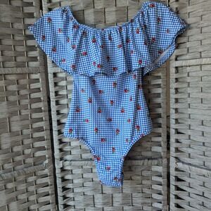 Marci Bodysuit Blue Red Gingham Floral Ruffle Off Shoulder Sm (Fits XS) Pin Up